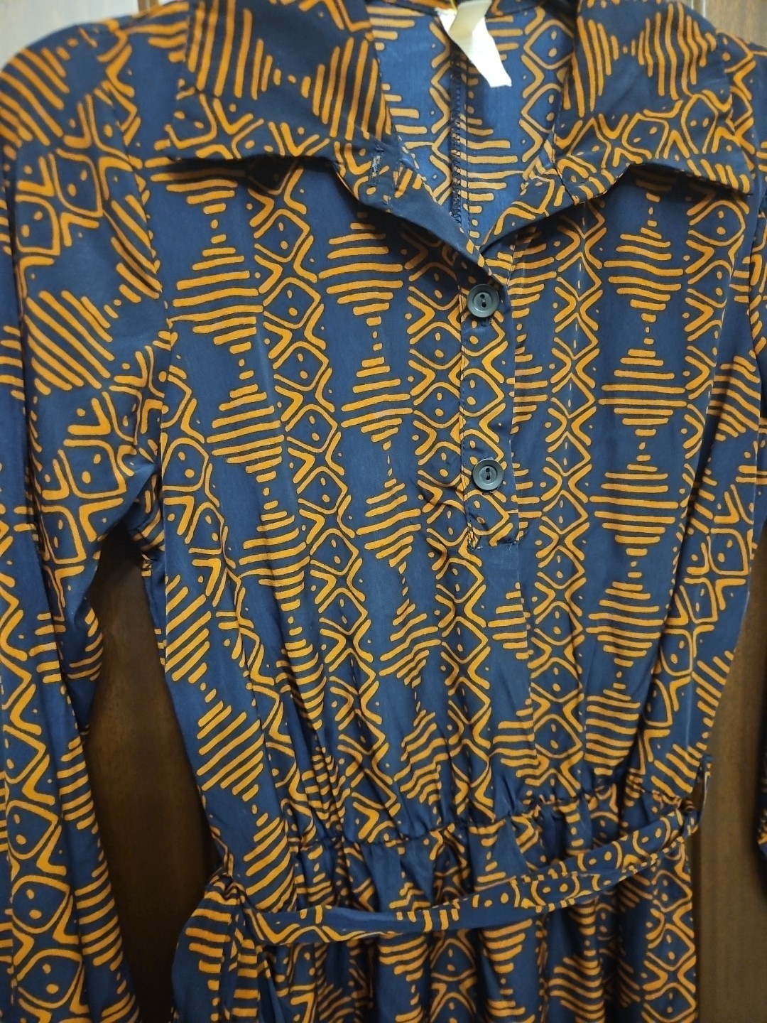 Vtg 70s 80s Midi Shirt Dress S Bown Navy Retro Geometric Print Secretary Office