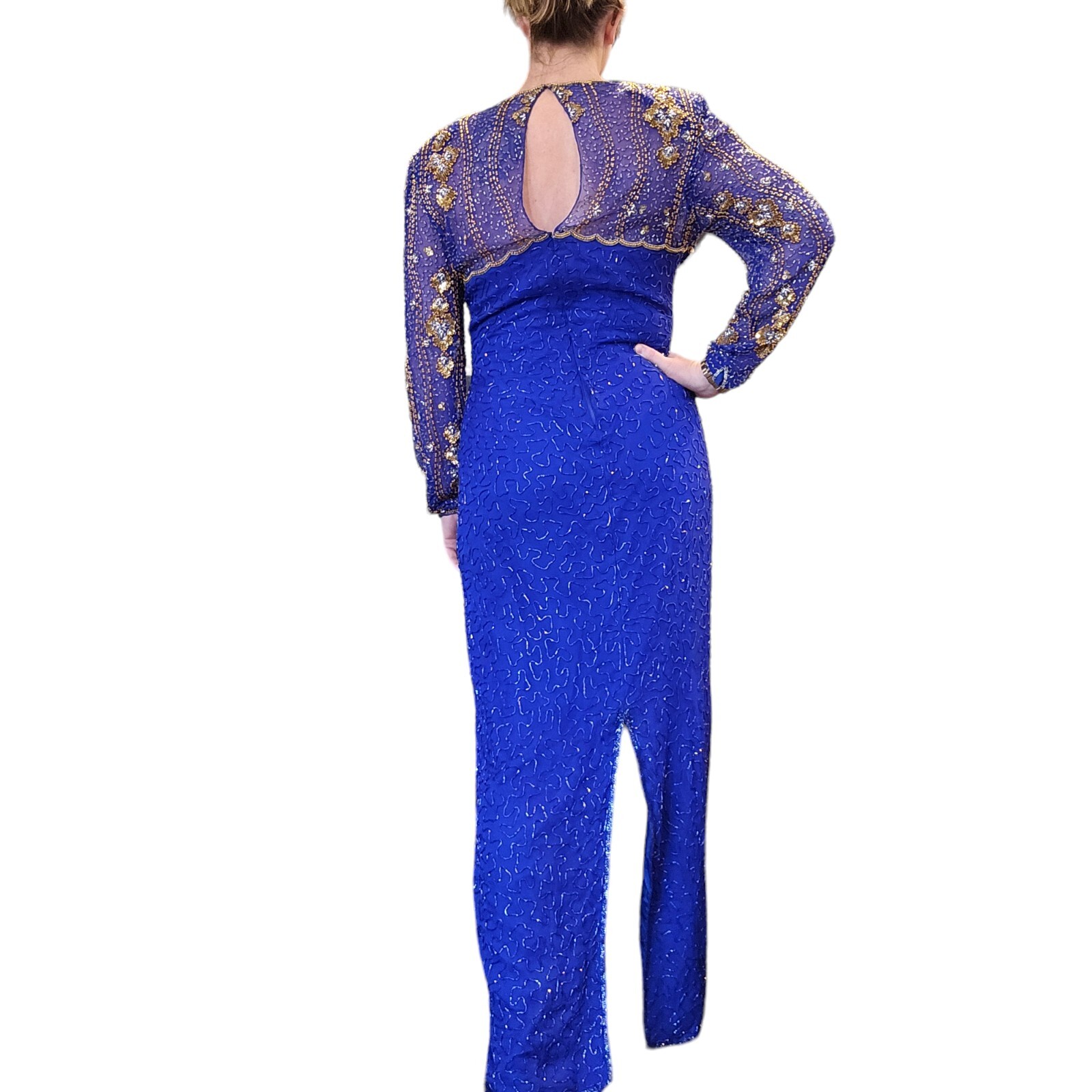 Vintage 80s Royal Blue Silk Beaded Sequins Long Gown Dress Medium 8 10