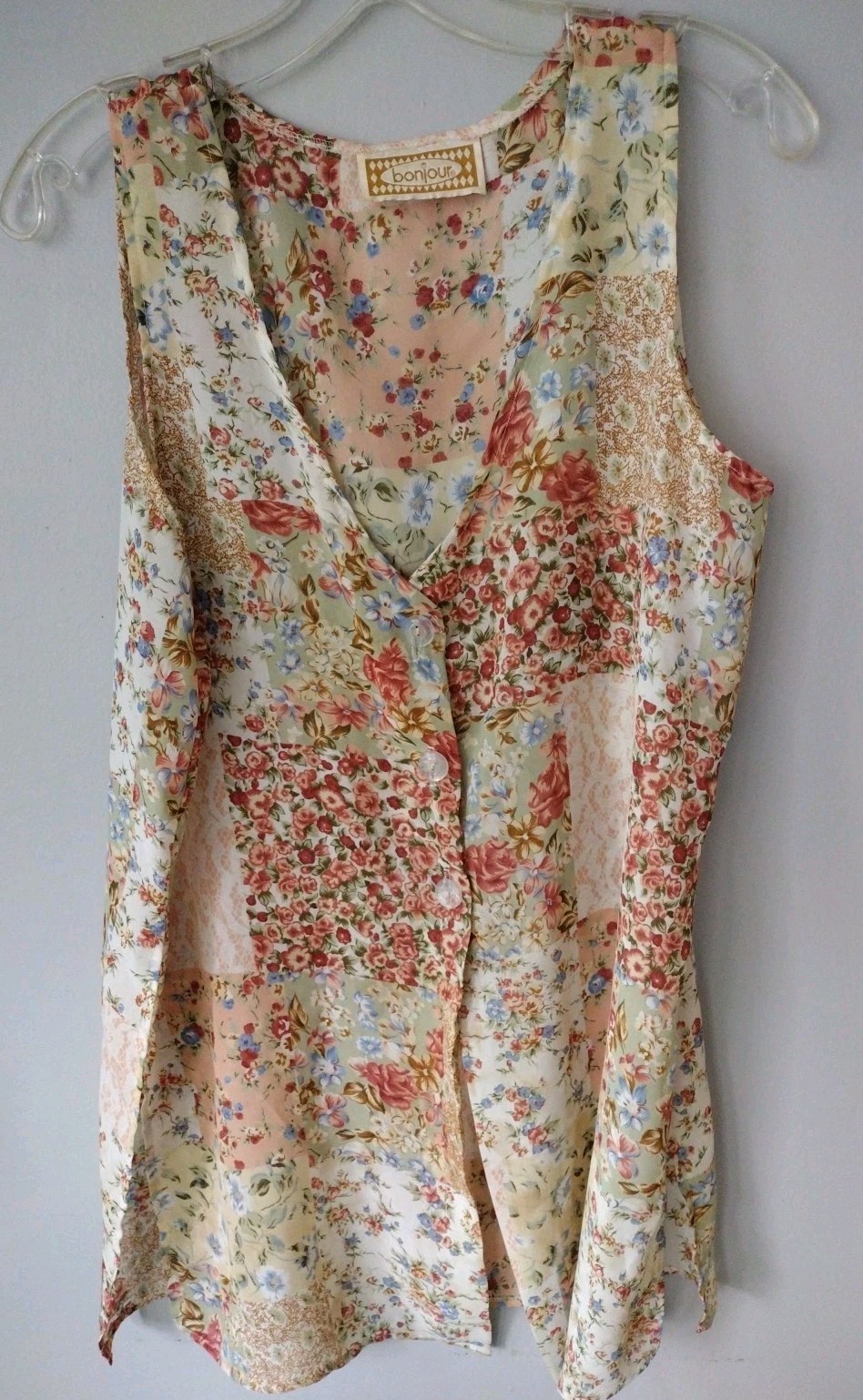 Vintage 90s Bonjour Sheer Patchwork Print Vest Blouse Side Slit Buttons See Meas