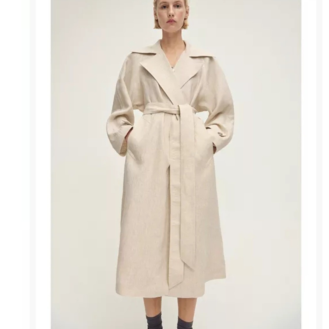 NWT Mango 100% Linen Trench Coat Oatmeal Beige Longline Belted Duster XS S M