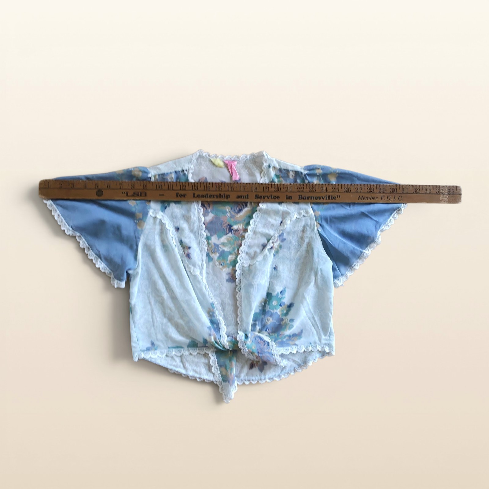 Vintage 70s Lace Tie Front Floral Lingerie Top Cal Togs Blue & White Sheer