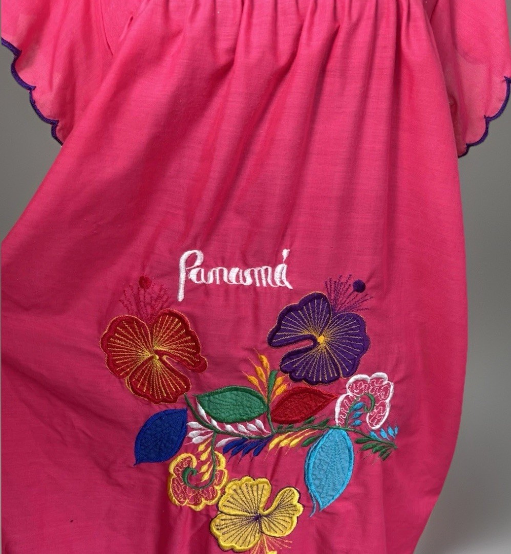 Vintage Panama Embroidered Caftan Dress Fuchsia Floral Muu Muu House Dress
