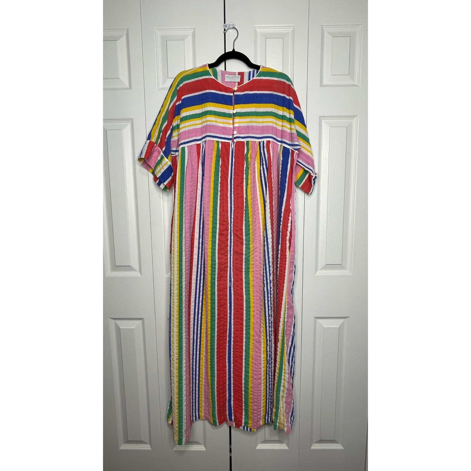 Miss Elaine Rainbow Stripe House Muu Muu Dress Vintage Boho Grannycore Med