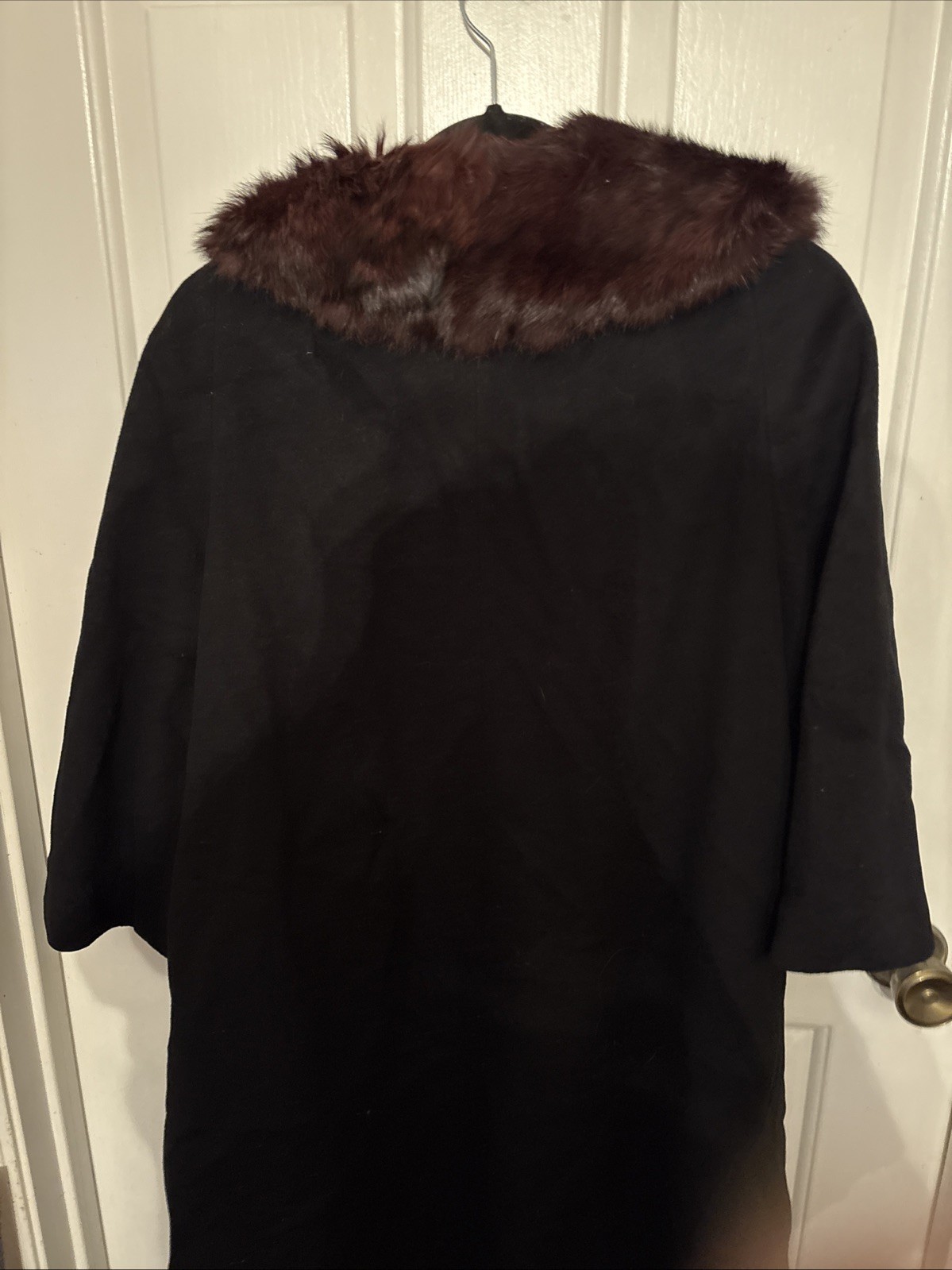 Vintage 100% Black Wool Coat With Brown Real Fur Collar Women’s Sz M/L