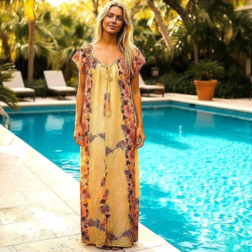 Hilo Hattie Size L VTG Hawaiian Muumu Maxi Dress Yellow Pink Hibiscus Floral