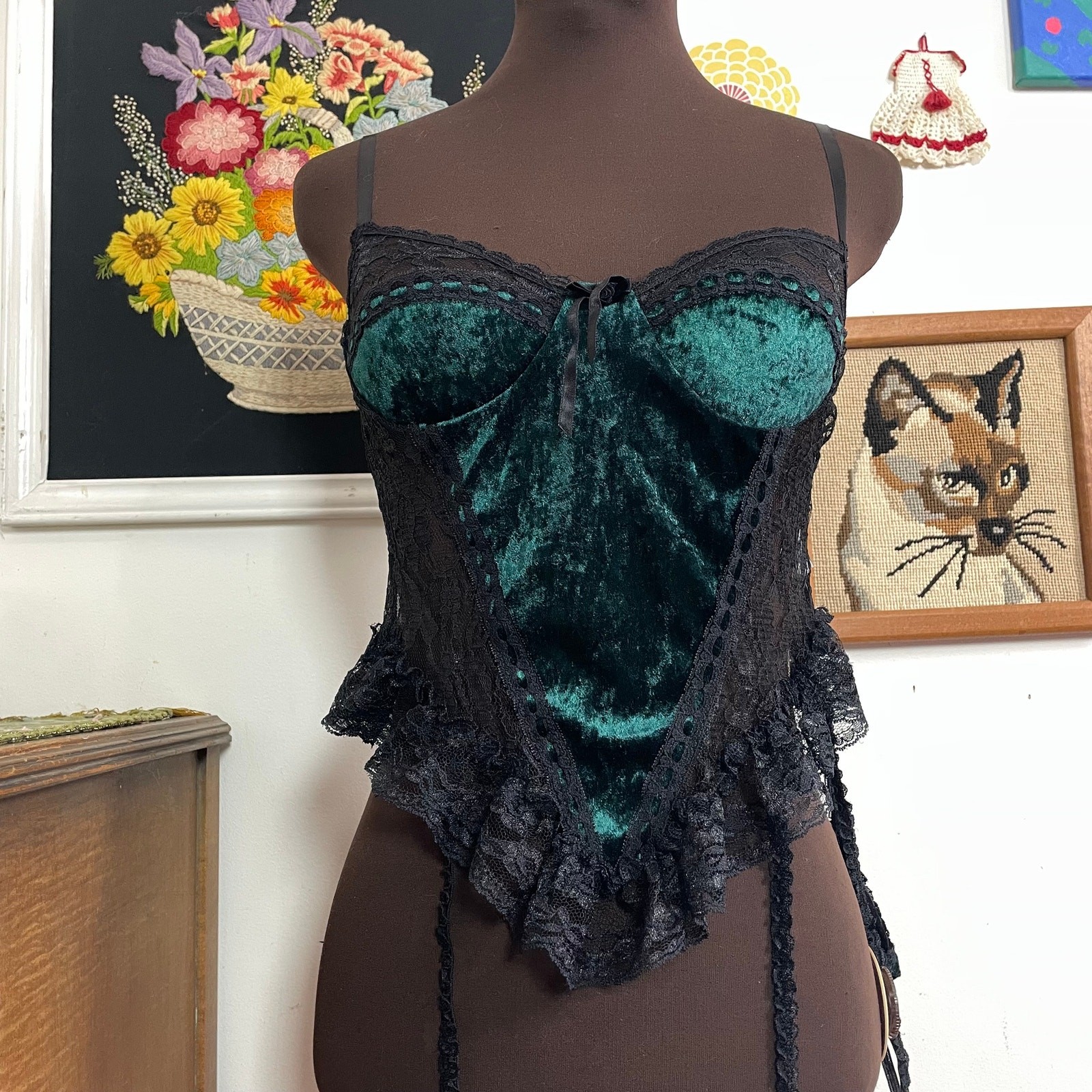 Vintage Green Velvet Teddy w Black Lace Trim, 1970s Corset Style Top w Panty, M