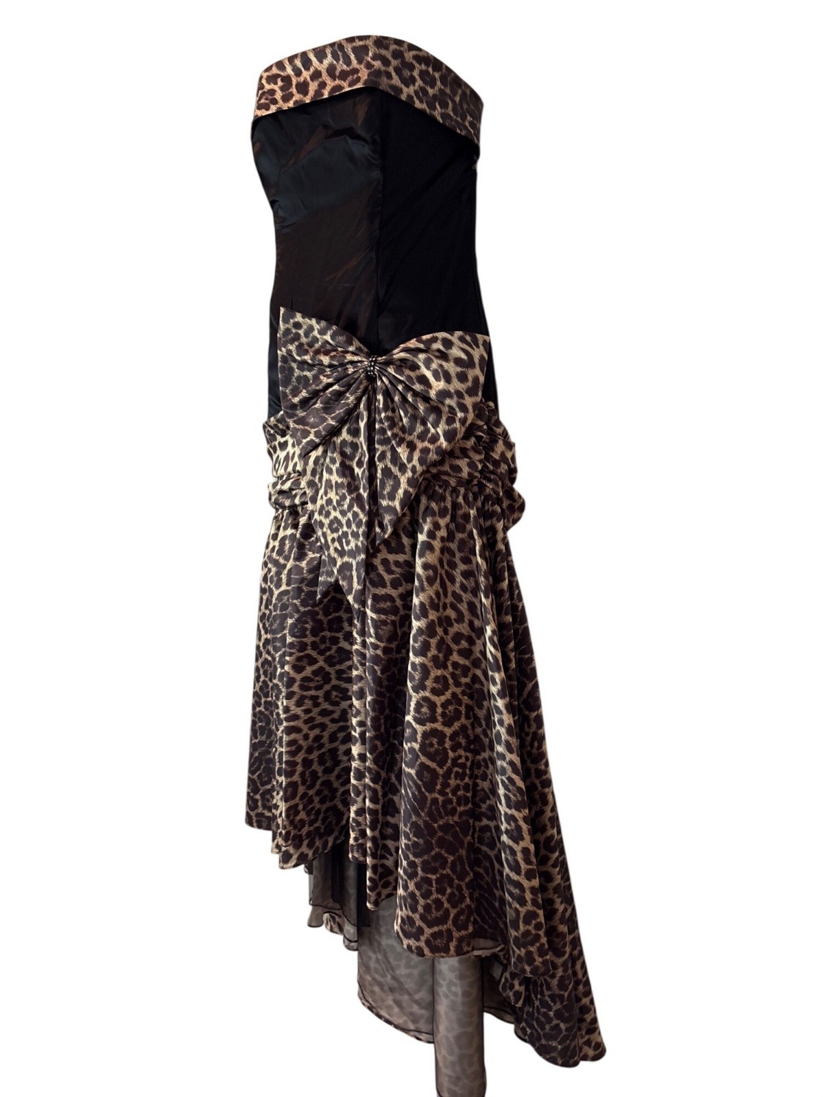 Vintage 80s San Martin Evening Gown: Strapless Black Satin Leopard Taffeta Dress
