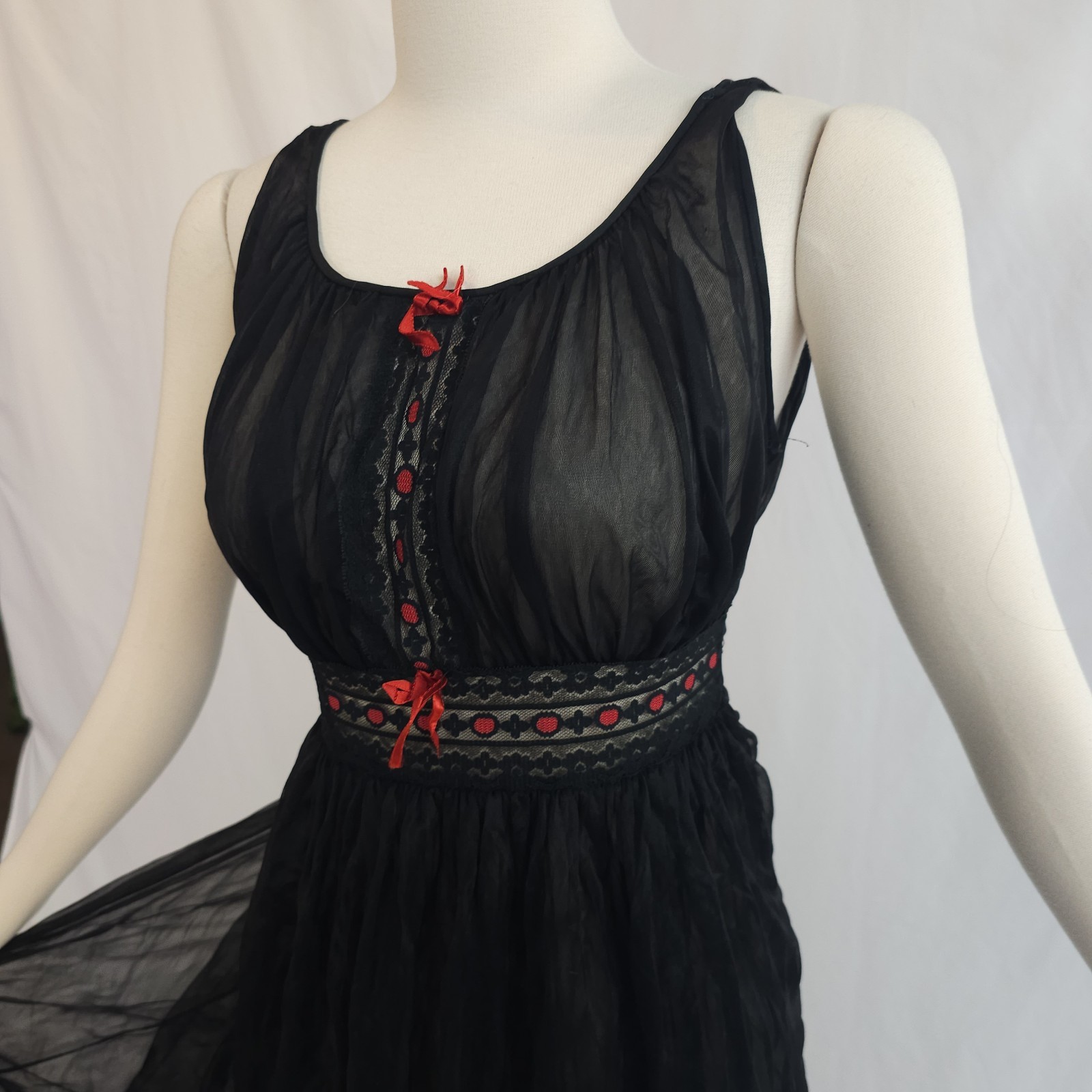 Vintage 1960s Black Lingerie Nightgown Slip Dress Red Lace Chiffon 60s Avian