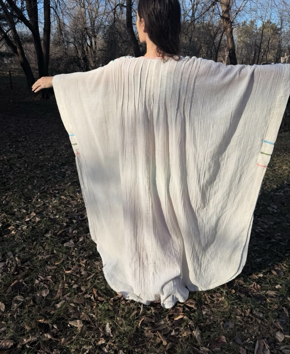 Vintage 1970s Cotton Gauze Ribbon Caftan Open Size