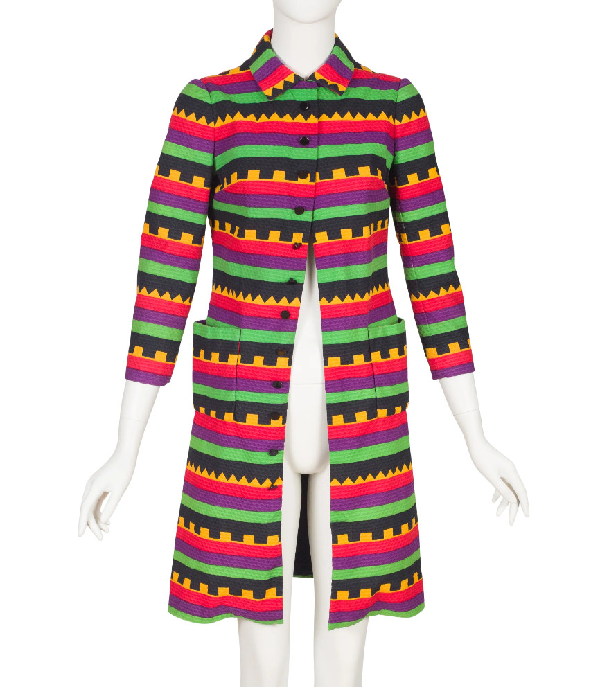 Lanvin 1970s Vintage Geometric Print Pique Cotton Collared Coat Sz XS