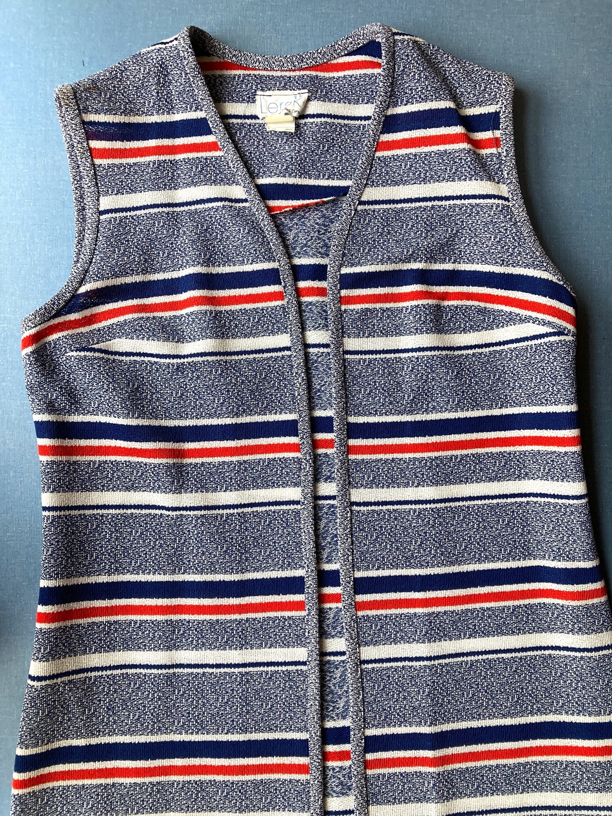 70s Maxi Sleeveless Vintage Vest, Blue Striped, Small, 40″ Chest