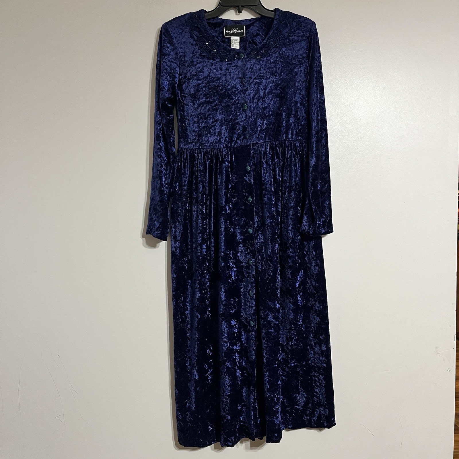 90s Vintage Molly Malloy Dress Women’s Size 8 Midi Length Blue Crushed Velvet