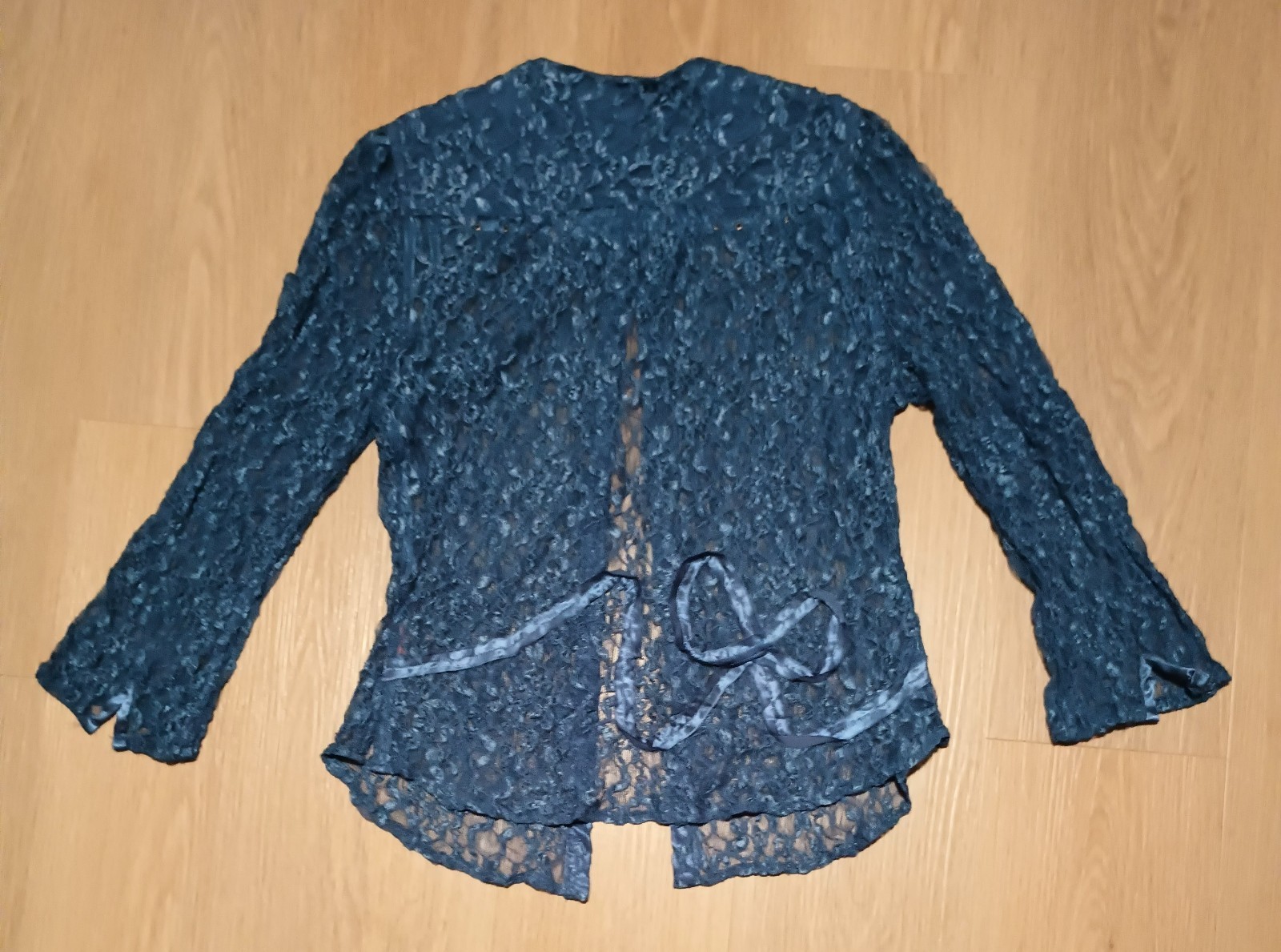 Vtg 80s Sheer Stretch Chantilly Lace Cornflower Blue Beaded Open Front Top M