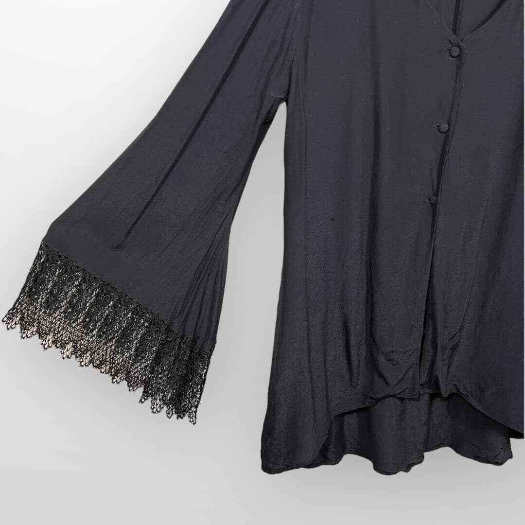 Vintage Celia Tejada Blouse (L) Bell Sleeves Crochet Lace Cuffs USA Rayon Black