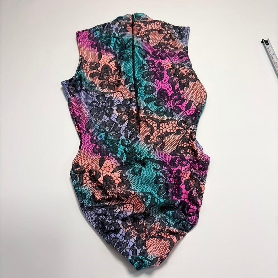 Gilda Marx Flexatard Vintage 80s Floral Lace Print Mock Neck Leotard Sz S USA