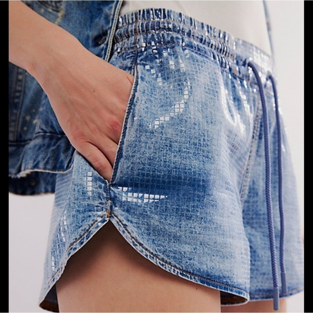 Free People Diesel Check-Pattern Denim Sunny Shorts Sequin Light Blue Size Large