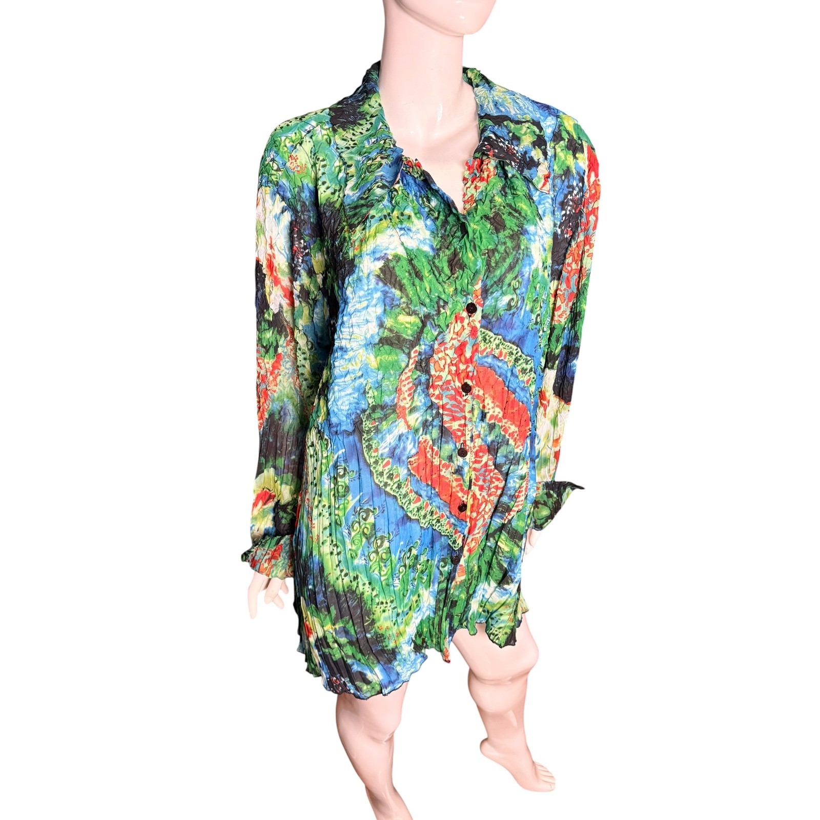 Vintage 90s Alberto Makali Crinkle Tunic Blouse 2X Multi Color Abstract Pleated