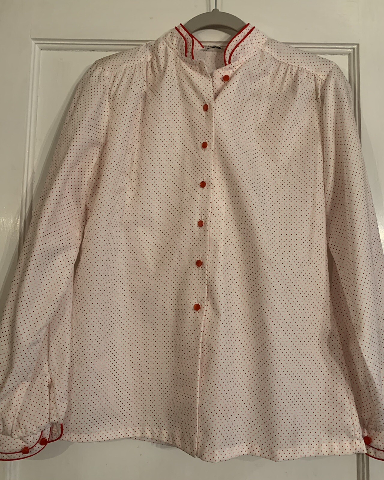 Vtg Gailord Womens Blouse Button Down L ? Creamy Off White Red Polka Dots