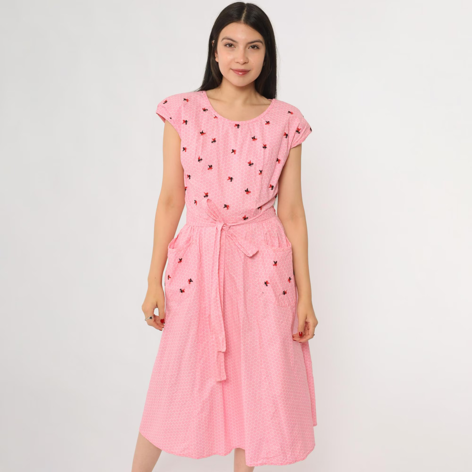 70s Bee Dress Pink Honeycomb Print Embroidered Cap Sleeve Cottagecore Garden Par