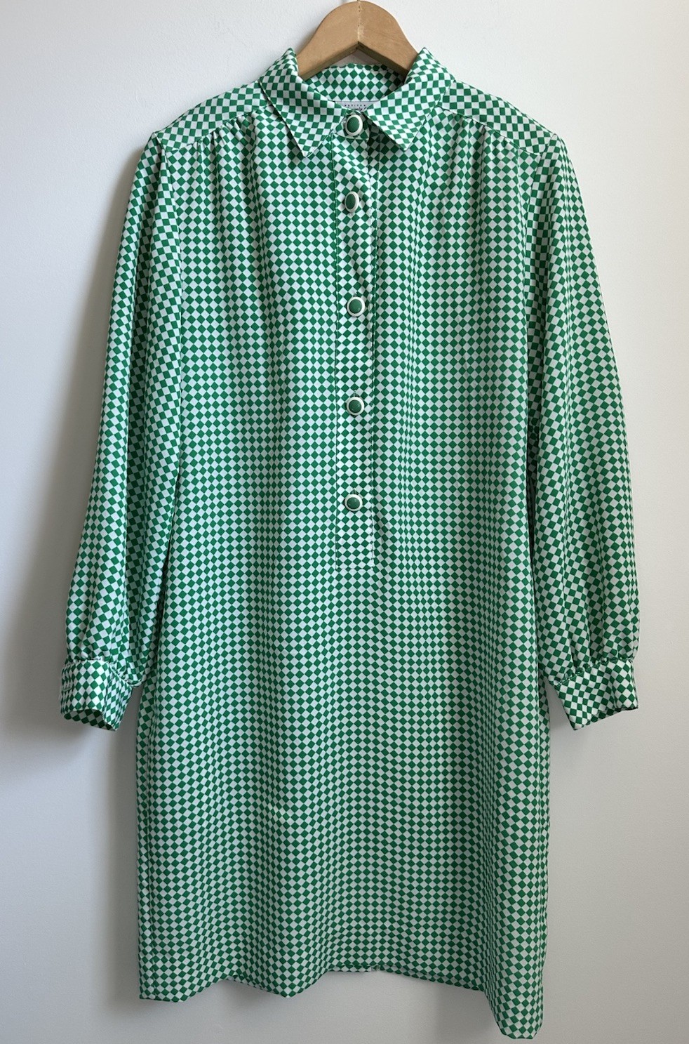 Vintage 70s Brownstone Studio Mod Shirt Dress Green Check Pockets Petite 12