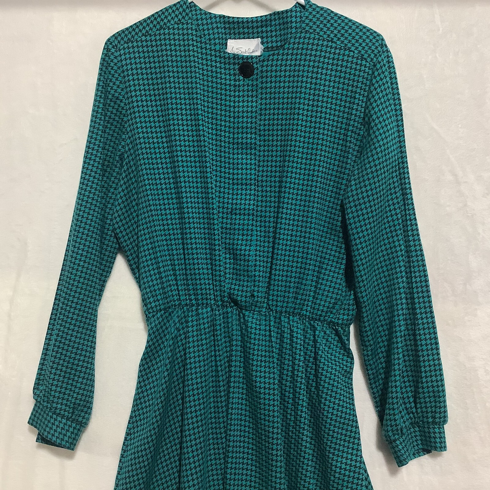 Vintage Via Sant Andrea Dress Jade Green Houndstooth 1/2 Button Peasant Sz12 USA