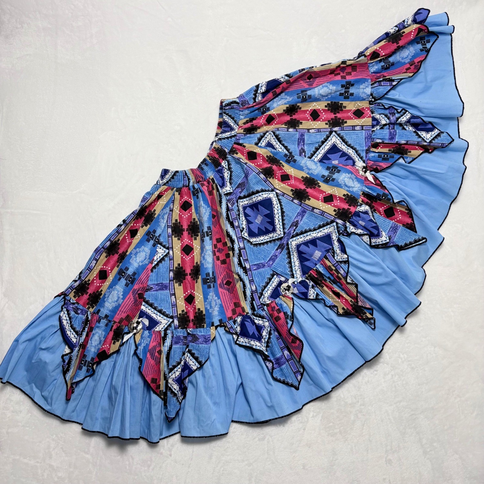 Vtg Western Prairie Skirt M Blue Southwest Aztec Concho Square Dance Full Ruffle