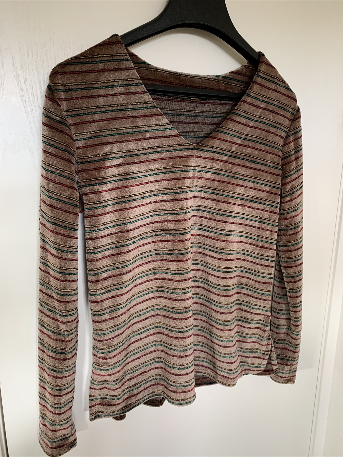 Knit Vintage 1970’s Multi Color Brown Striped V Neck Sweater Shirt Women’s Sz L