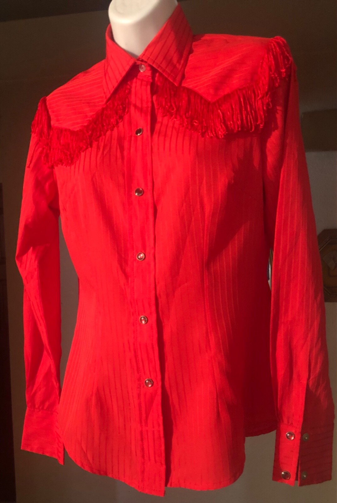 Vintage 1980s H Bar C California Ranchwear red fringed cowgirl shirt S