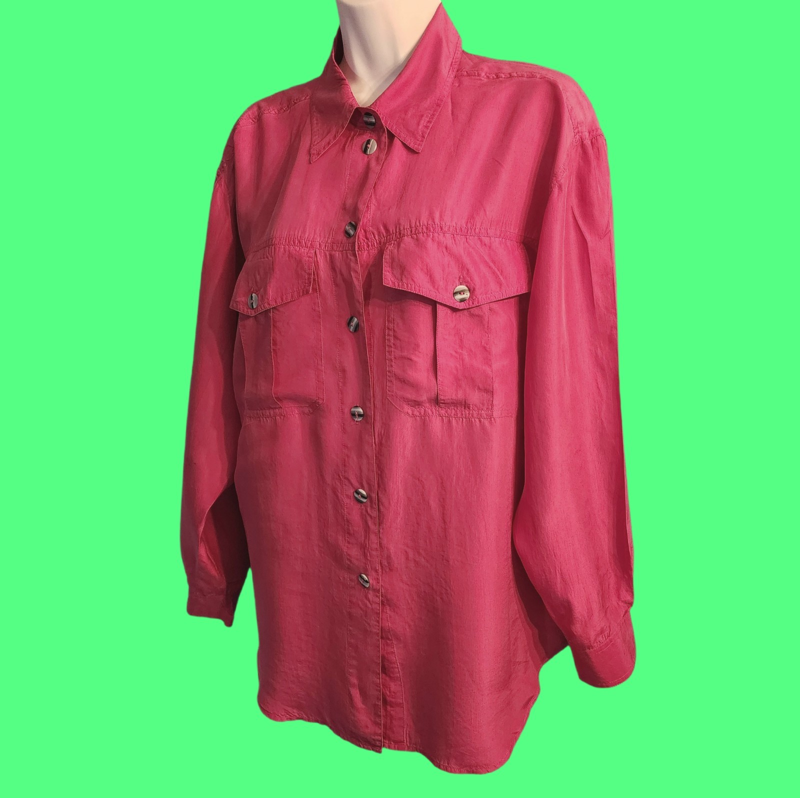 VINTAGE 90’s SILK LAND Hot Pink Pure Silk Hot Pink Longsleeve Blouse 14