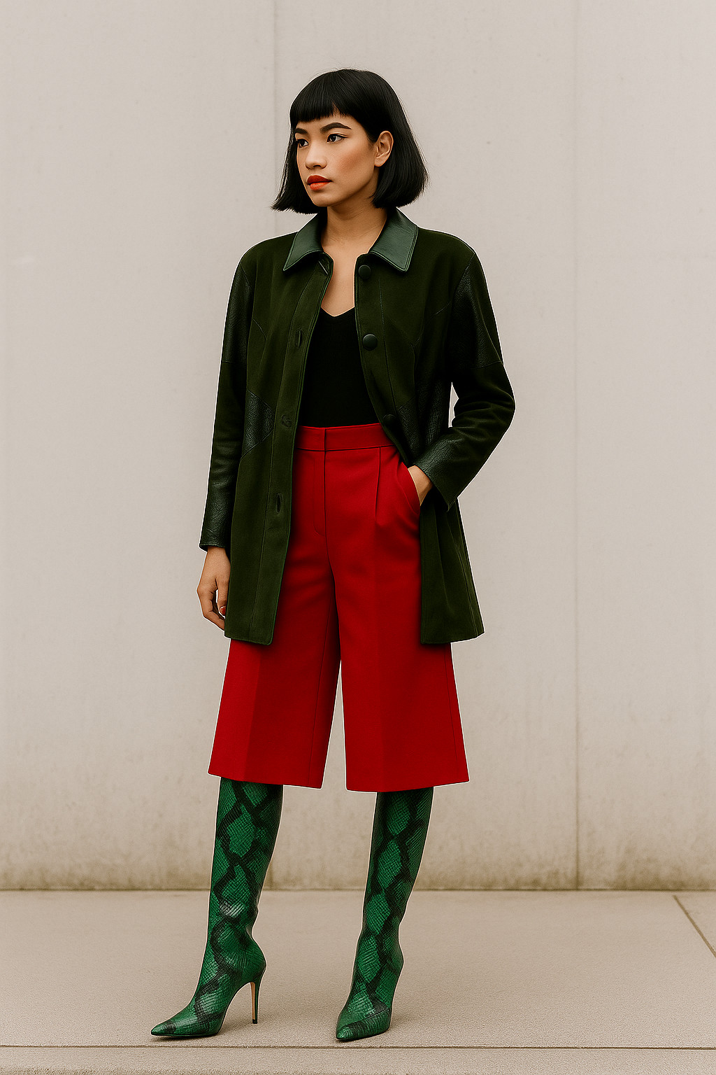Philippe Vallereuil Vintage Coat Suede Leather Snake Print Green 42 44
