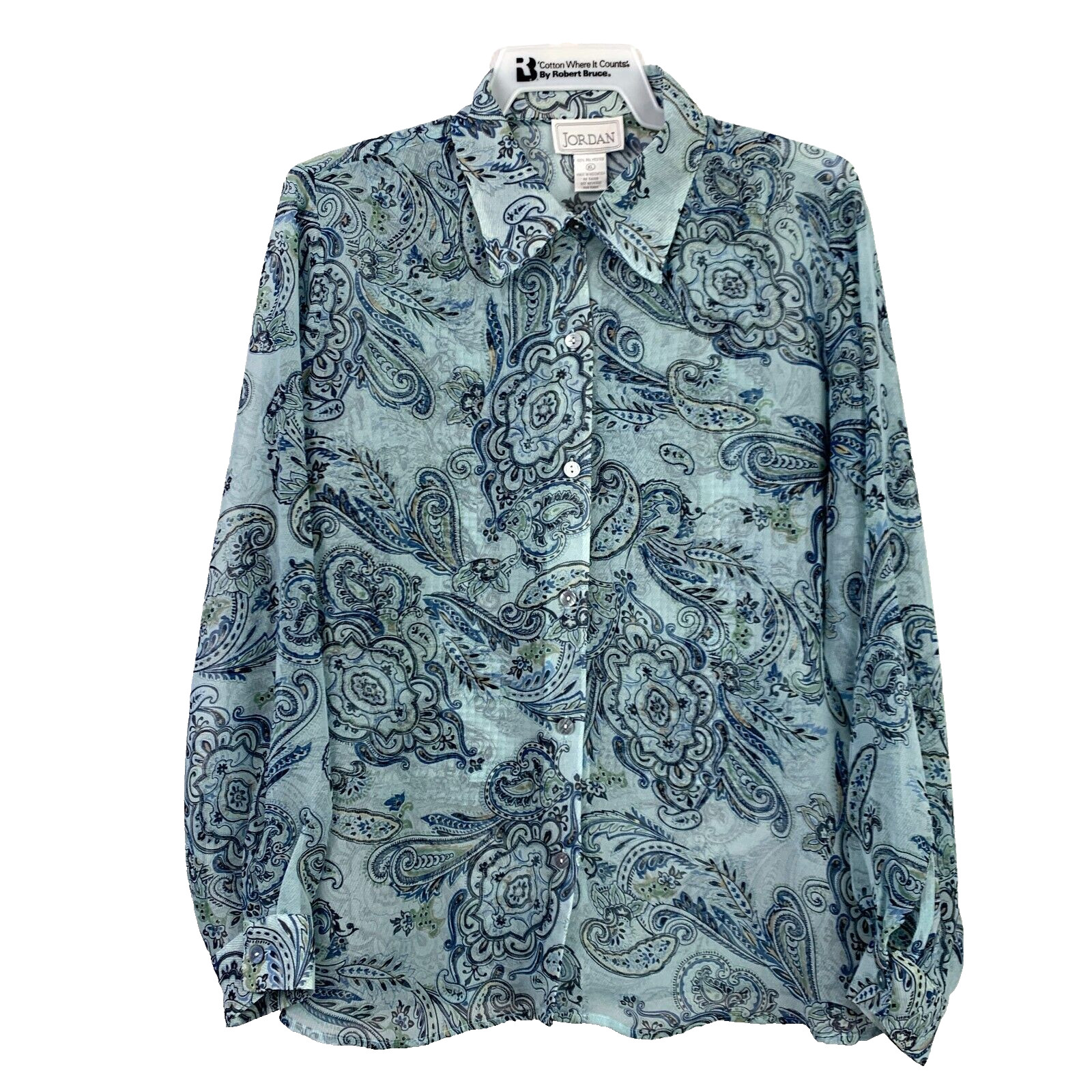 Vintage Jordan Sheer Floral Retro Blue Long Sleeve Shirt Blouse XL