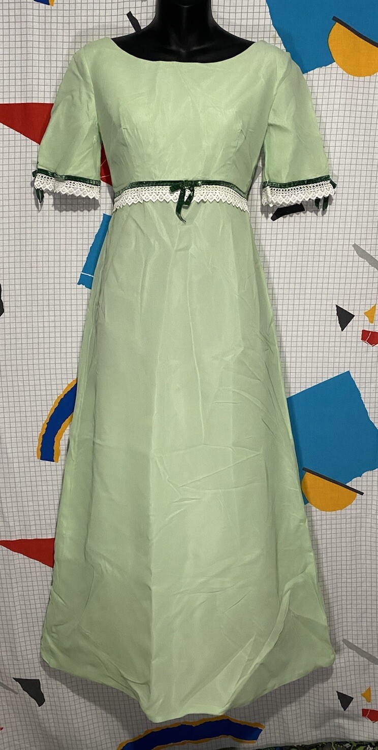 Vintage 50s Silk Chiffon Dress Green Lace Organza Velvet Ribbon 60s Maxi