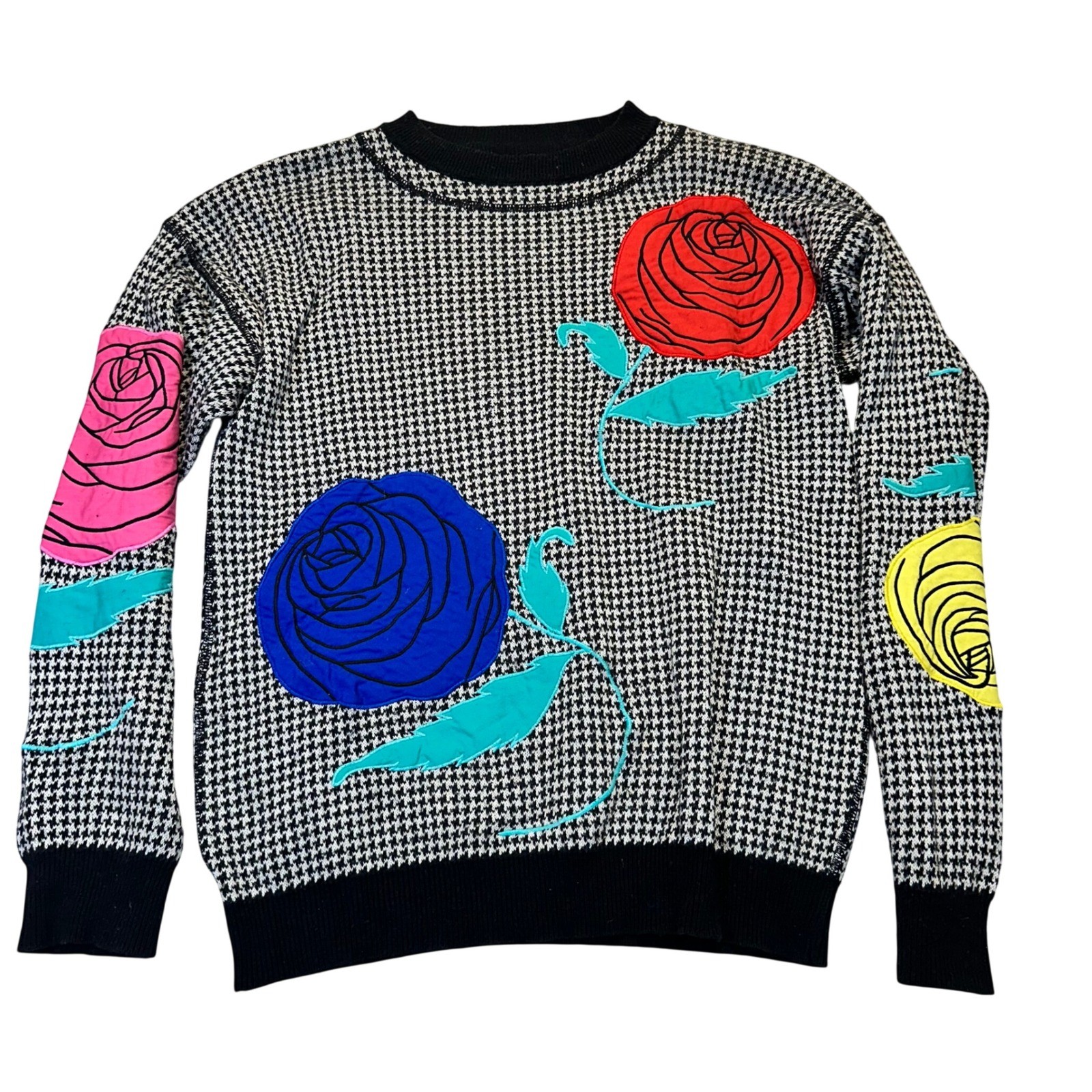 Mondi Houndstooth Rose Sweater Women 38 M Black White Floral Eclectic Vintage