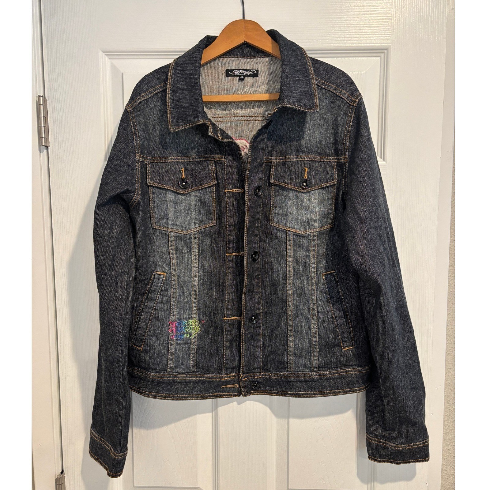 Ed Hardy Christian Audigier Rhinestone Denim Jacket XL Skull Rose Y2K Mallgoth