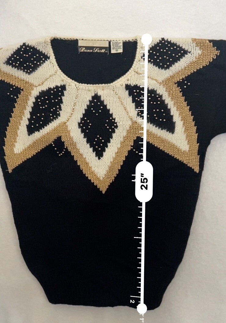 Dana Scott Womens M Vintage Sweater Black & Cream Gold Beads Party Holiday