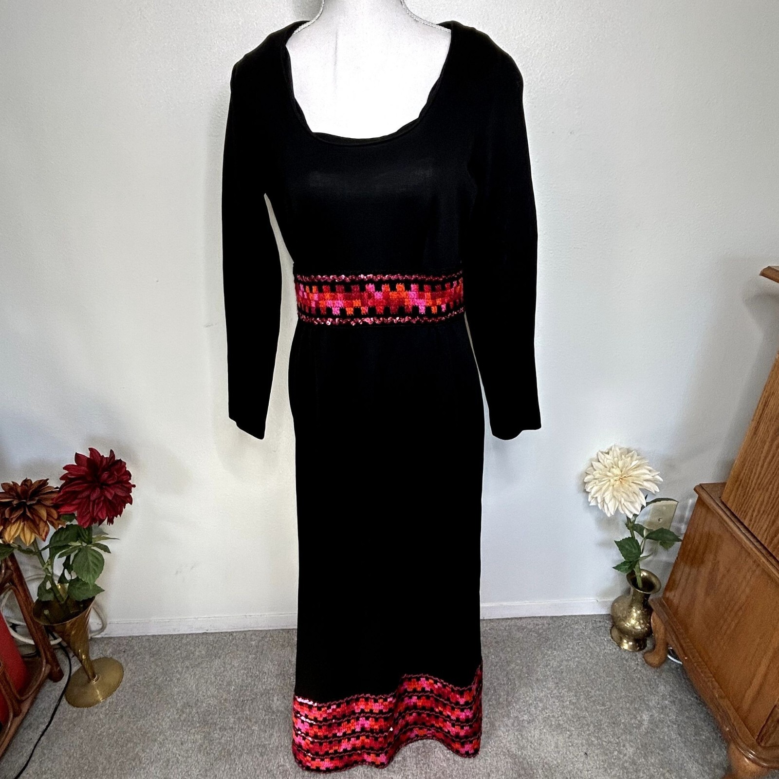 Vintage Julie Miller Black Maxi Dress w/Sequins and Embroidery