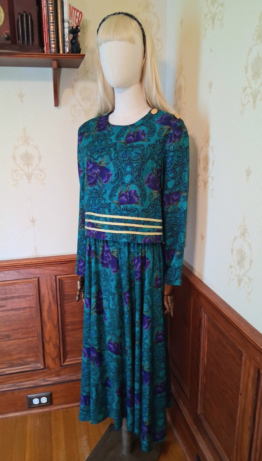 Vintage 1980s JJ Nicole Jewel Tone 2-Piece Puff Sleeve Mob Wife Secretary Dress