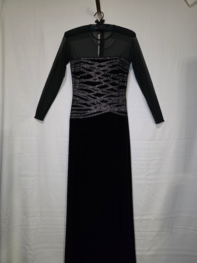VTG 80s Tadashi Shoji Long Black Slinky Mesh Sparkle Evening Gown M