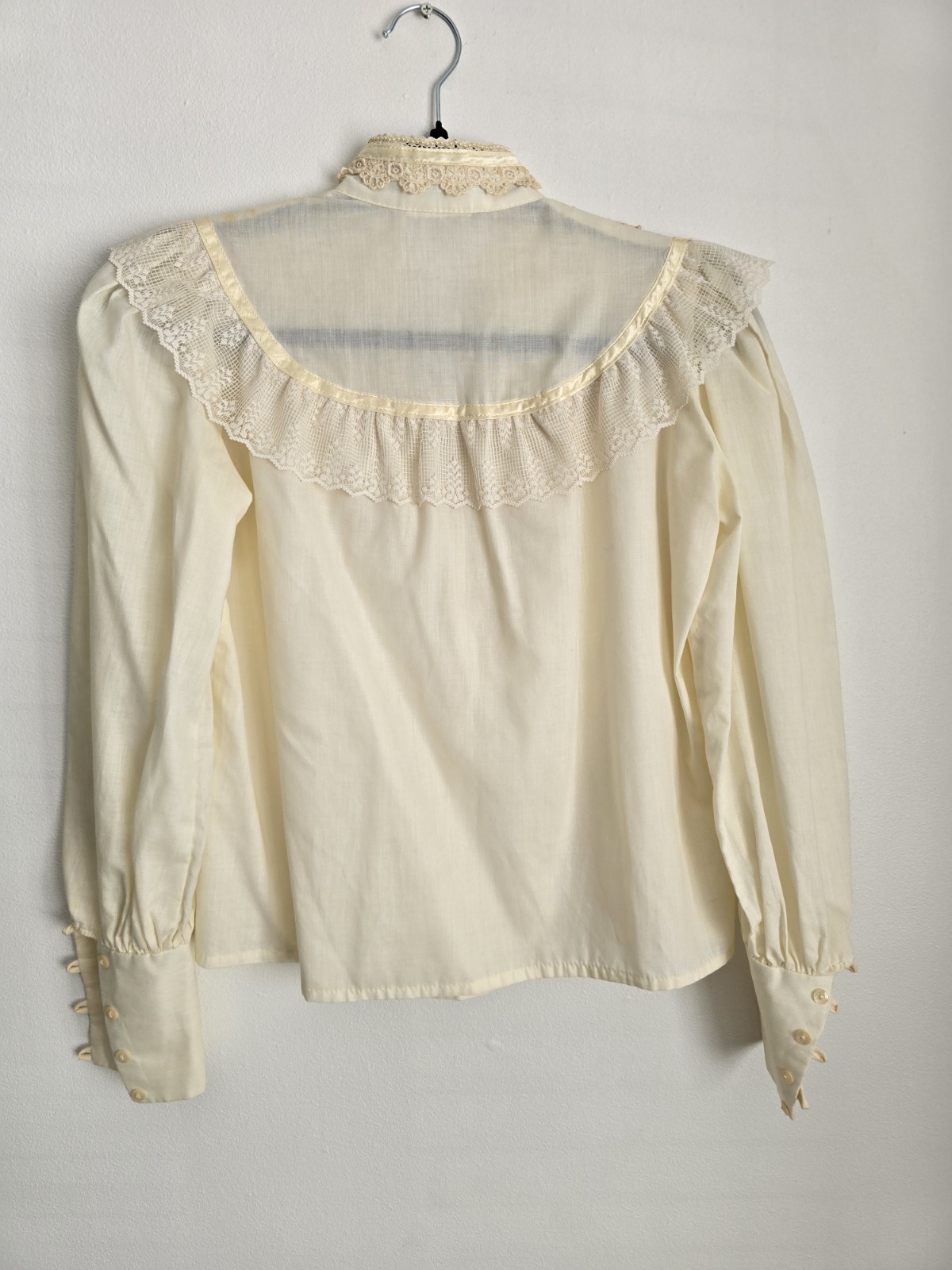 Ivory Lace Victorian Style Long Sleeve Shirt with Lace Trim and Button Cuffs