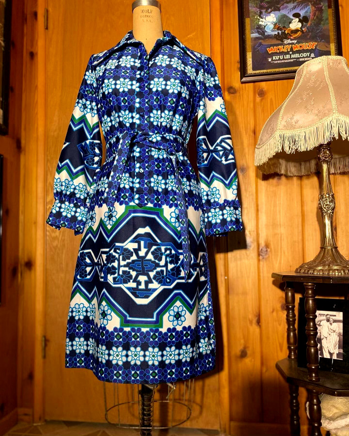 1960’s Blue LANVIN Shirt Dress With Matching Belt (Size 8) Psychedelic