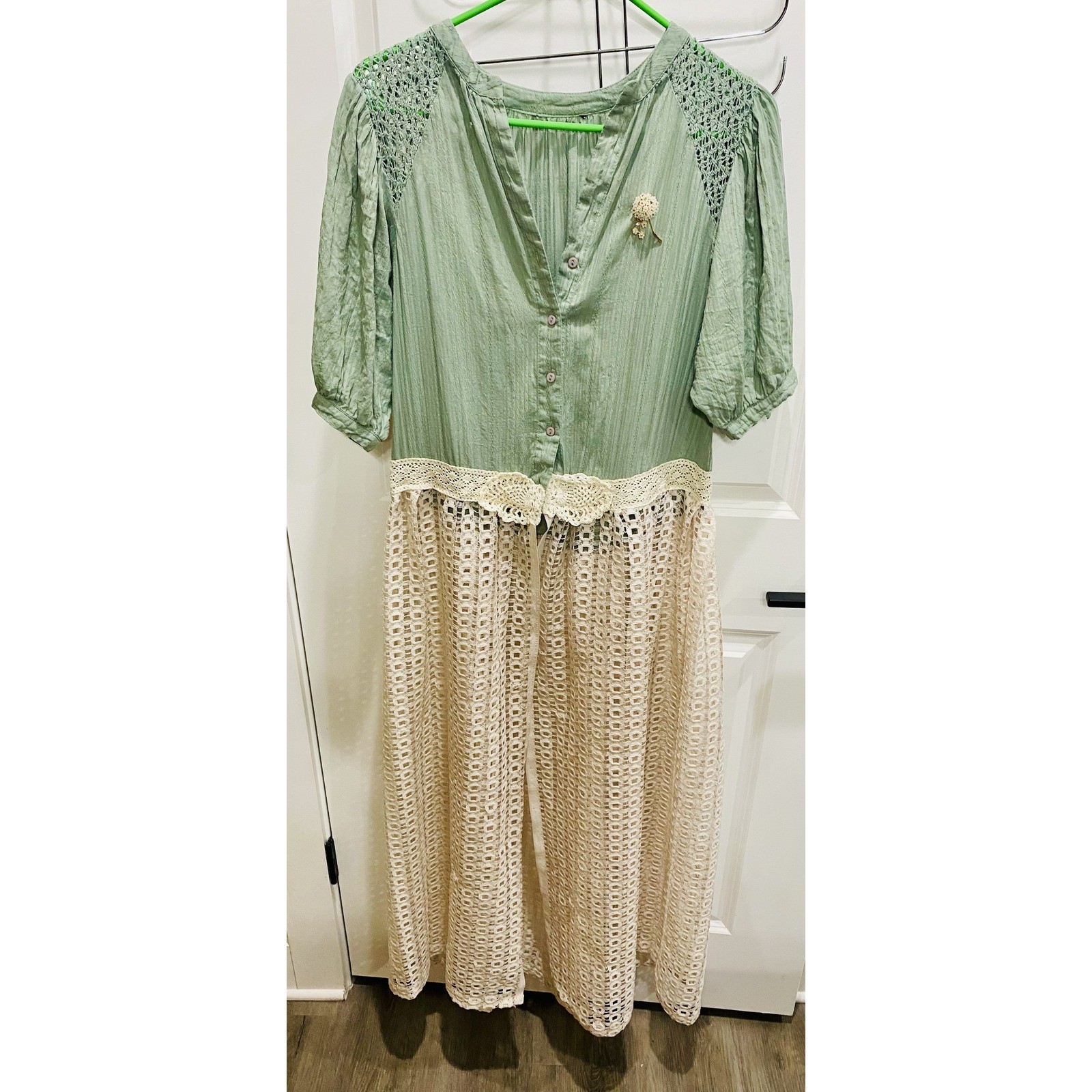 Upcycled One of a Kind Sage Green Cream Lace Boho CottageCore Festival Duster