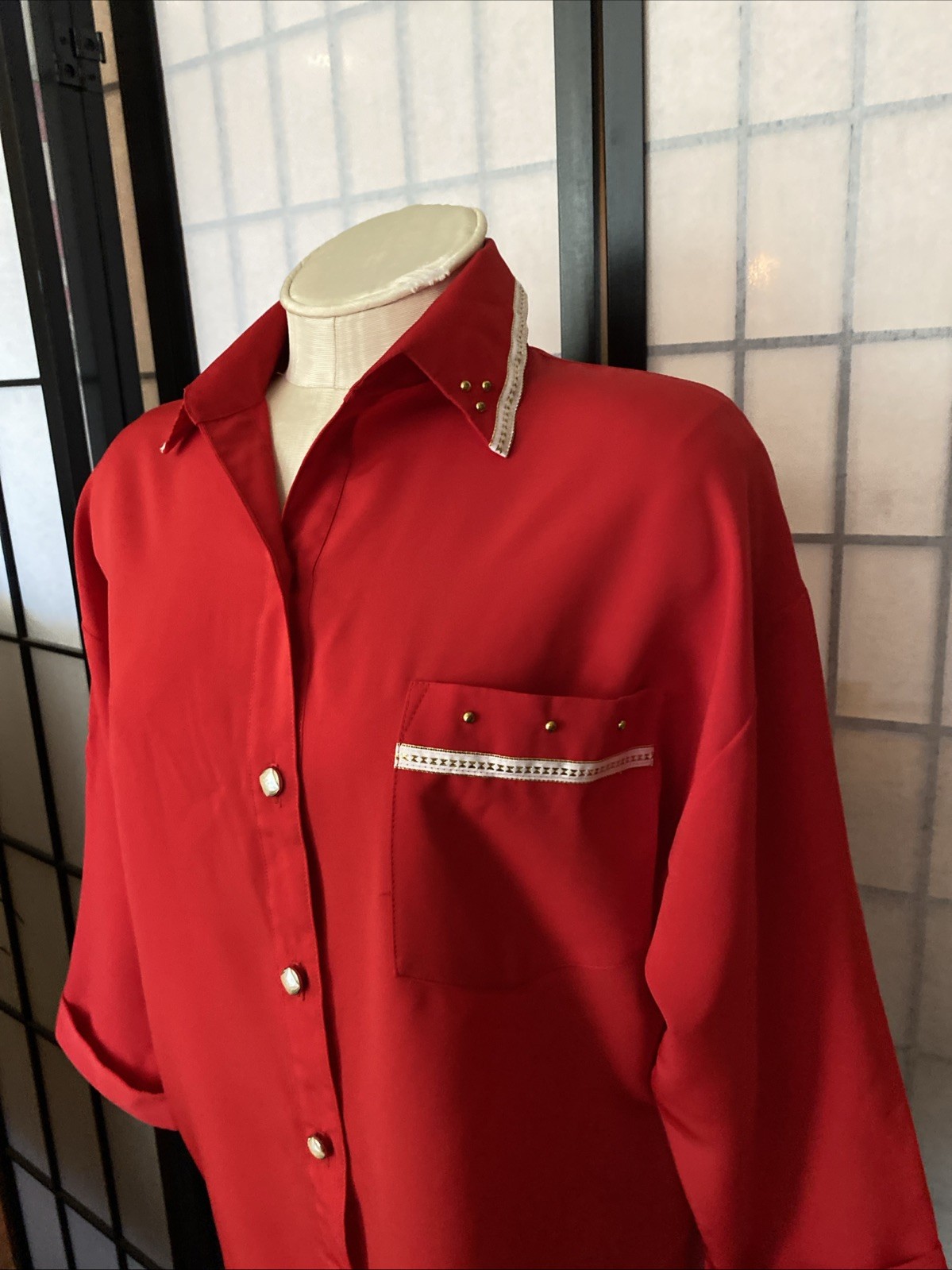 Seville VTG 80s Wom 10 Red Satin Blouse Beaded w/Trims 3/4 Cuff Sleeves GORGEOUS