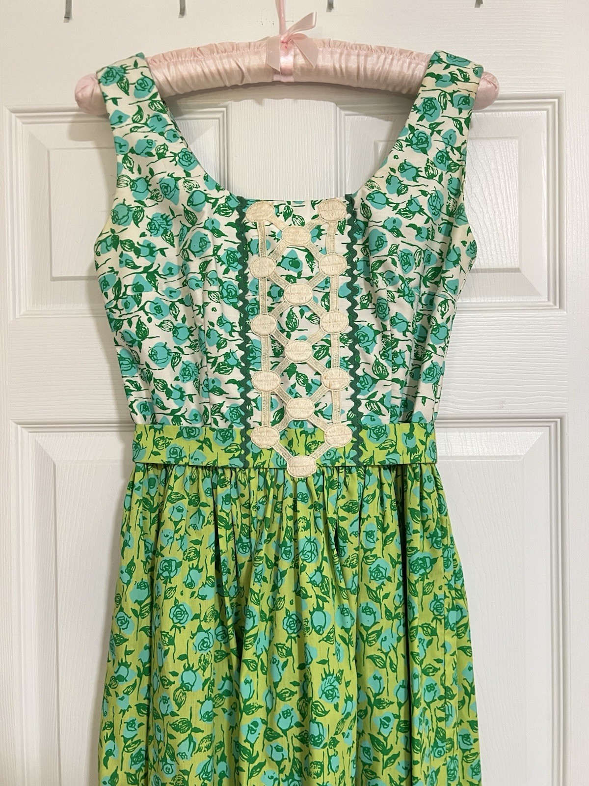 Vintage 1960s Lilly Pulitzer Dress Blue & Green Florals Rickrack Trim Tie Back