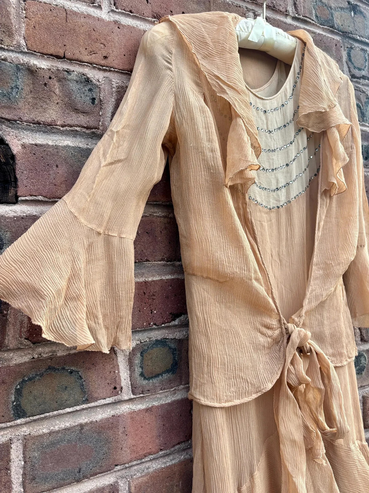 Antique 1920s Silk Chiffon Rhinestone Two Piece Dress and Wrap Top Small