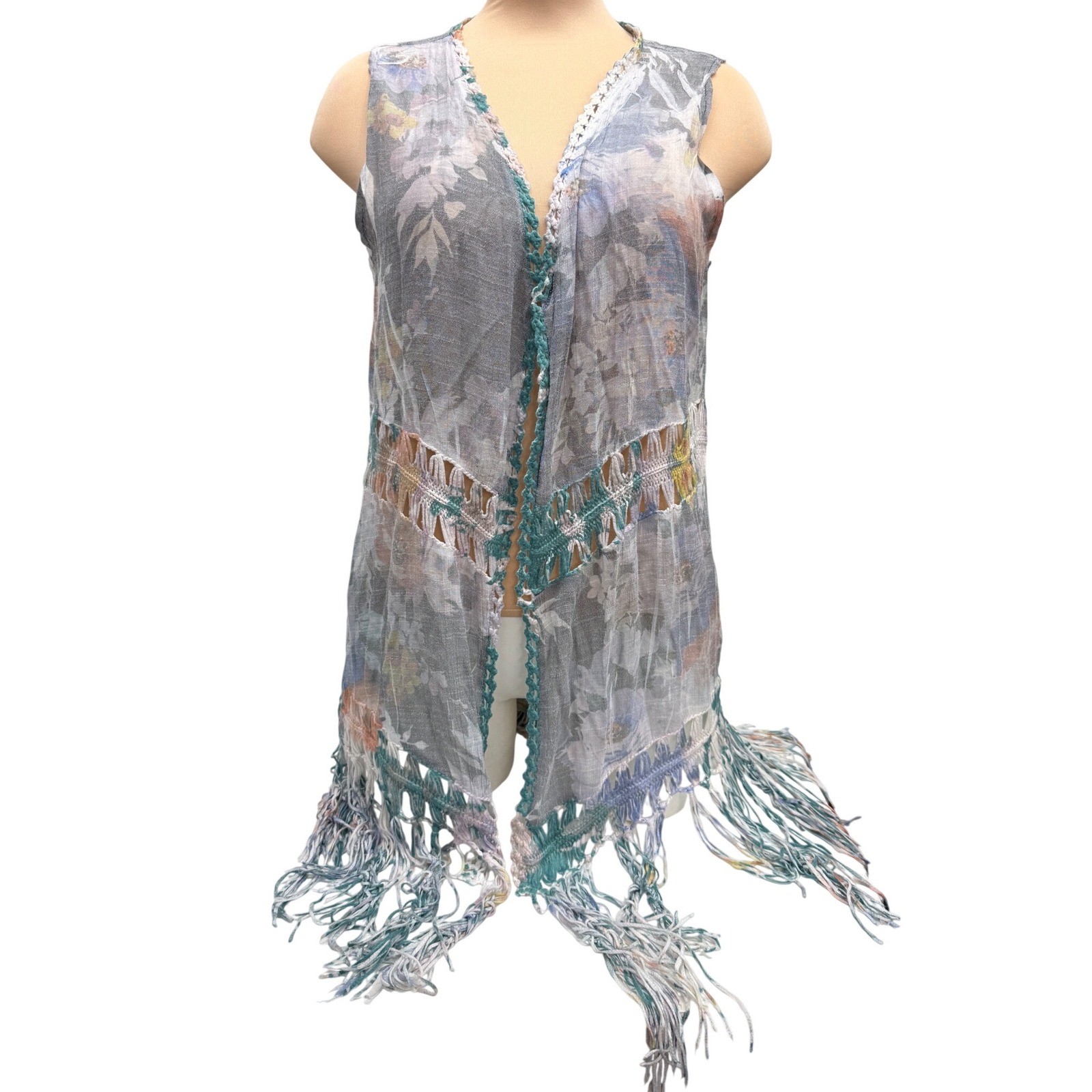 Lapis Floral Fringe Vest Womens Medium Blue Crochet Boho Festival Layering Swim