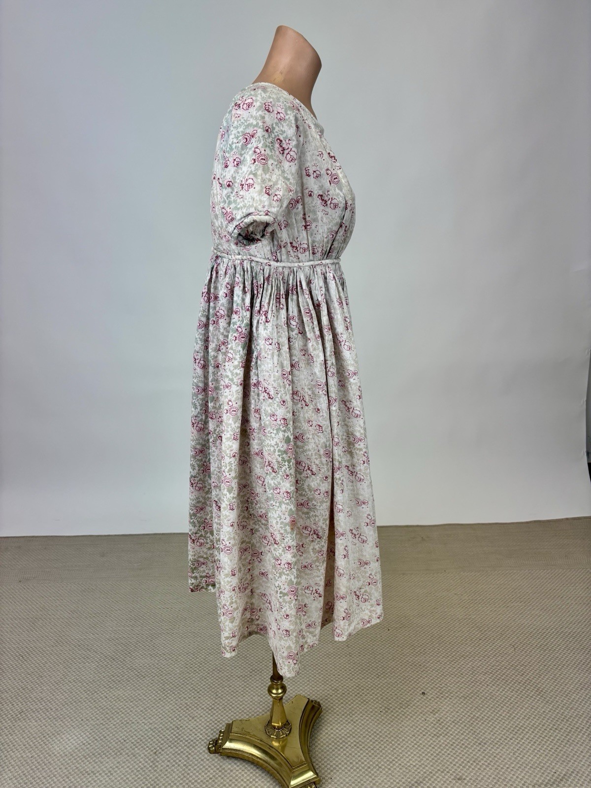 Vintage 1910s Childs Dress Short Sleeves Floral Print Pink Beige Soft Green