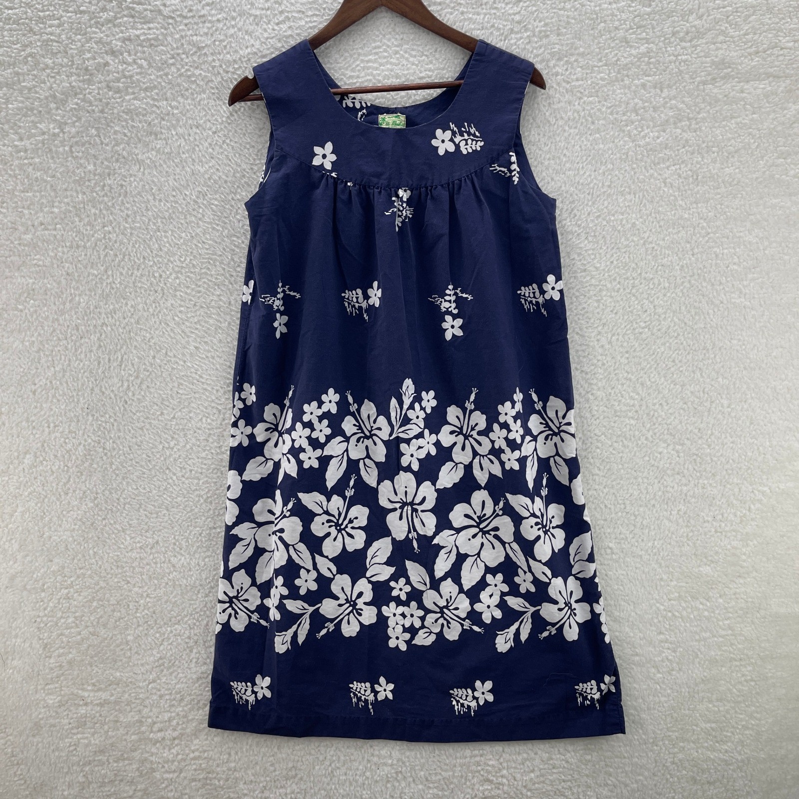 True Vintage 50s Ui Maikai Hawaiian Shift Dress Medium* Blue White Floral Aloha