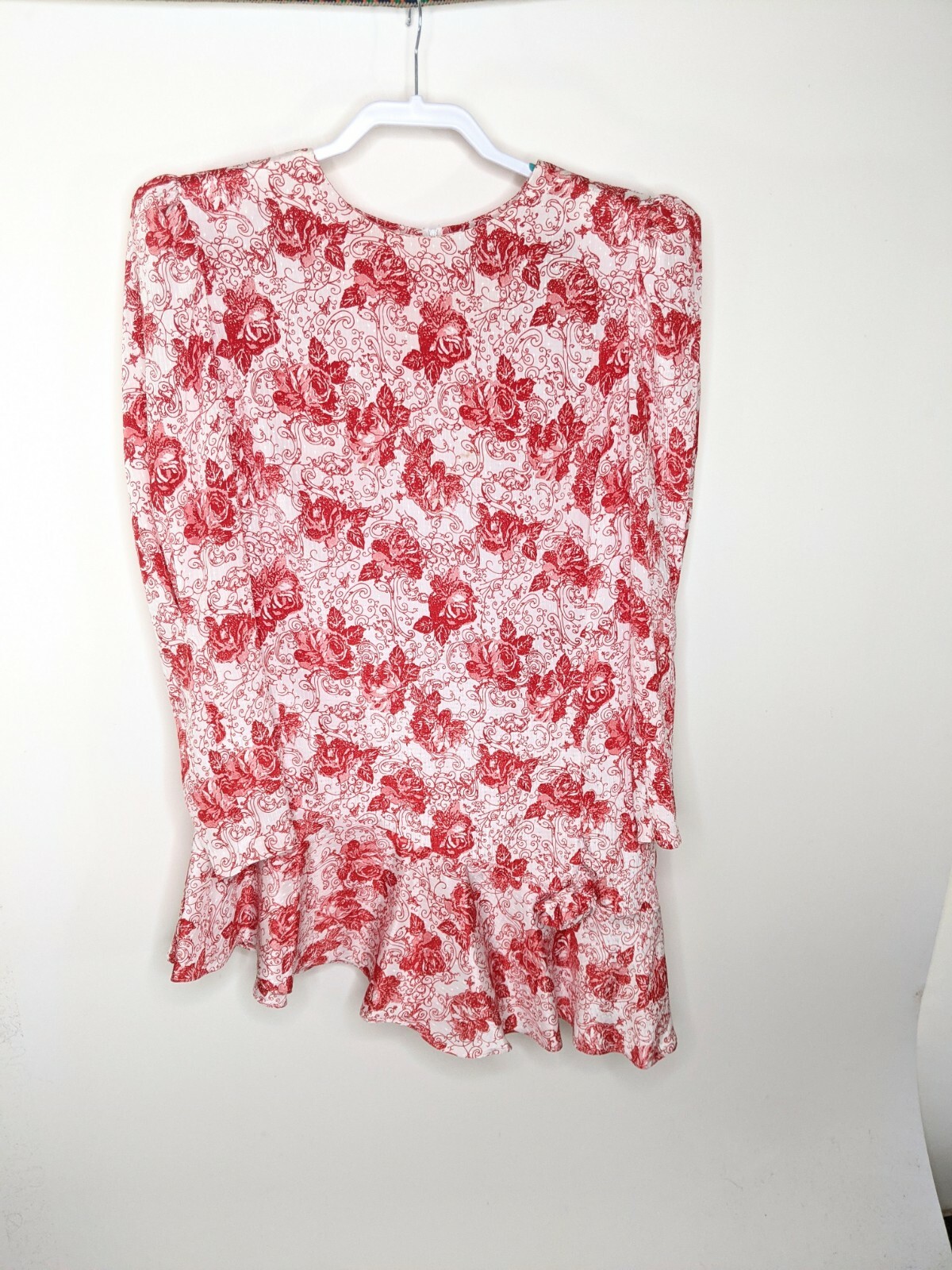 Vintage 80s Dress Womens 10 Long Top Retro Red White Shoulder Pads Puffy Sleeves