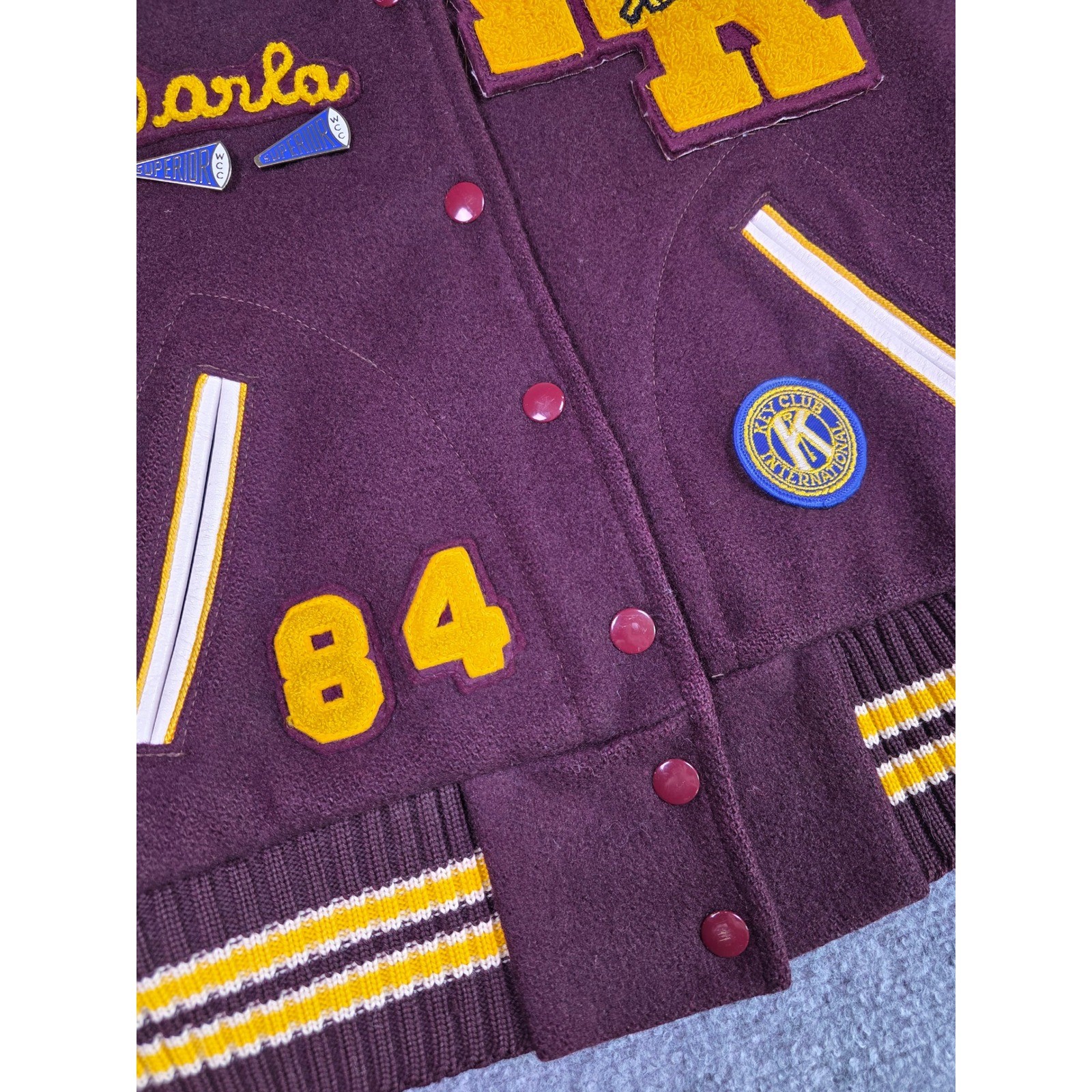Vintage 80s Wool Cheerleader Letterman Varsity Jacket Maroon Gold Hooded Womens