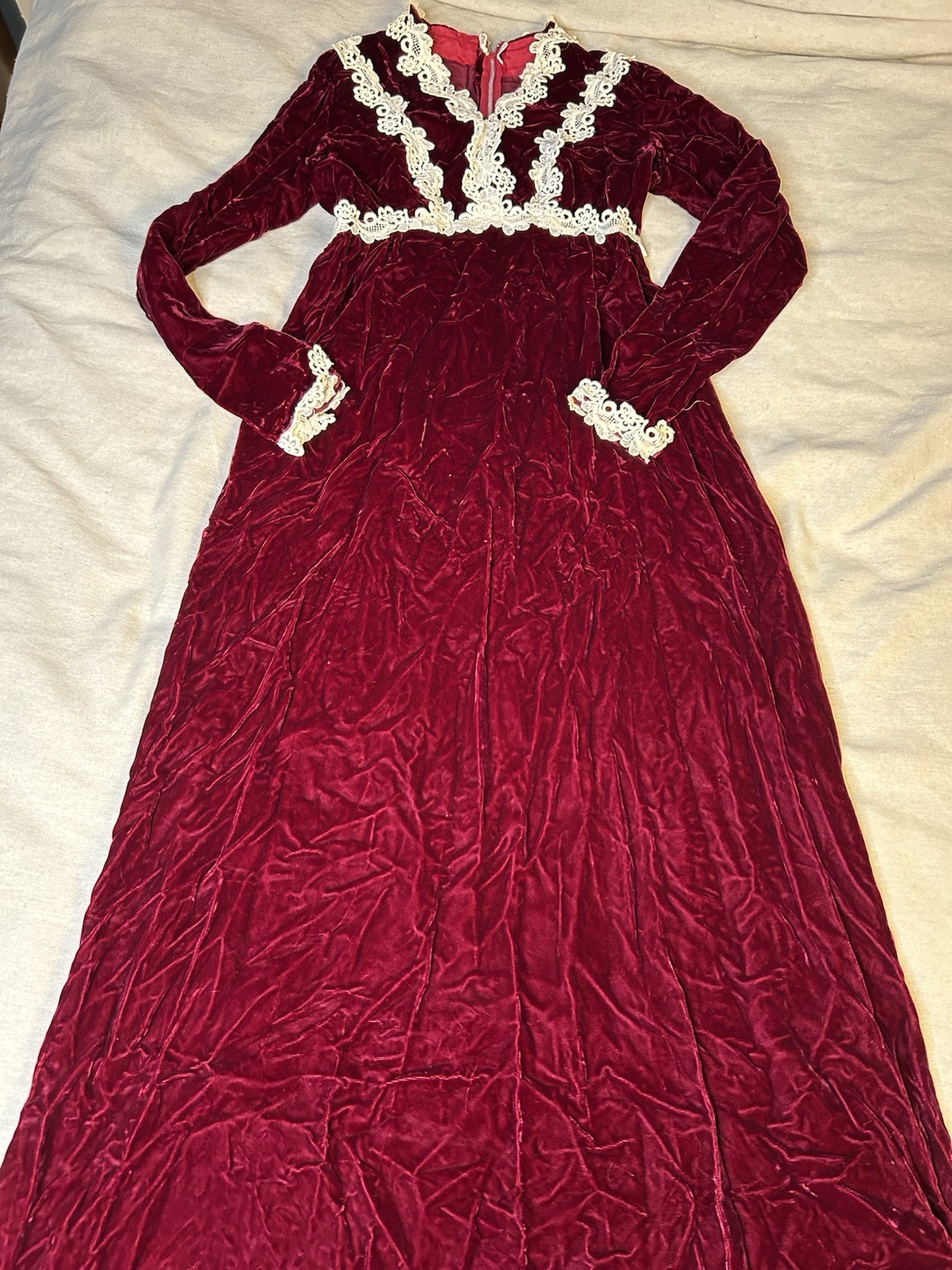 Vtg 70s Red Velour Dress Gunne Style Maxi Lace Up Crochet Prairie Renaissance